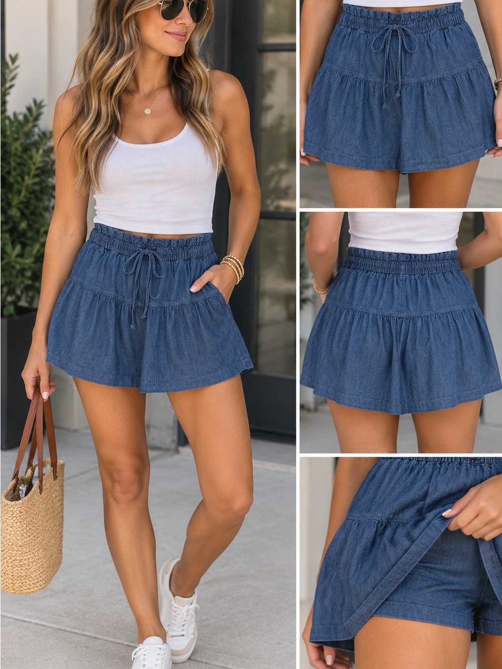 Free Assembly Trendy Cottagecore High-Waist Denim Drawstring Skorts for Women. S